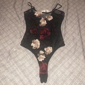 Black Mesh Floral Embroidered Bodysuit